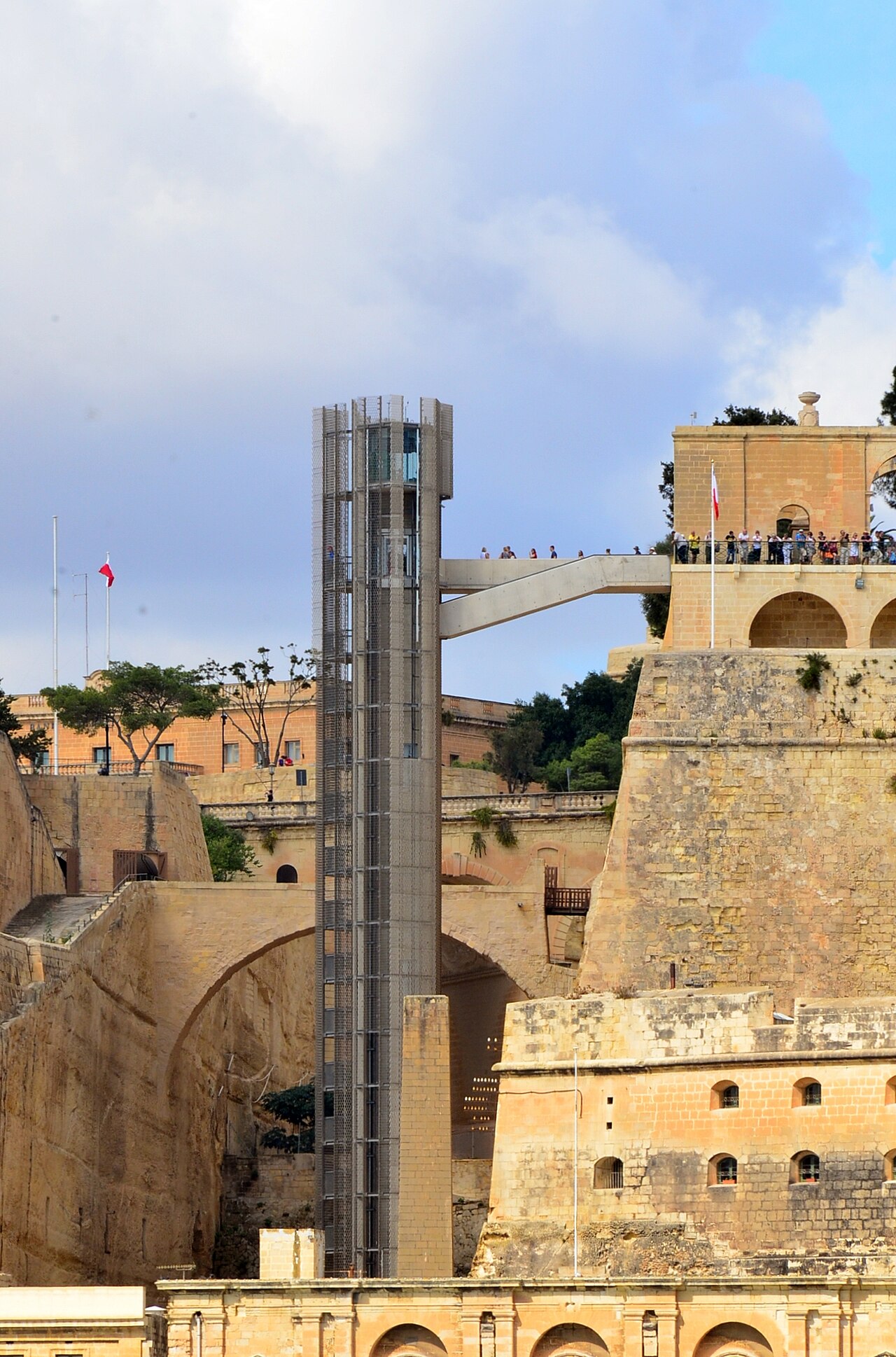 The Barrakka lift and its bridge beside Valletta’s fortifications