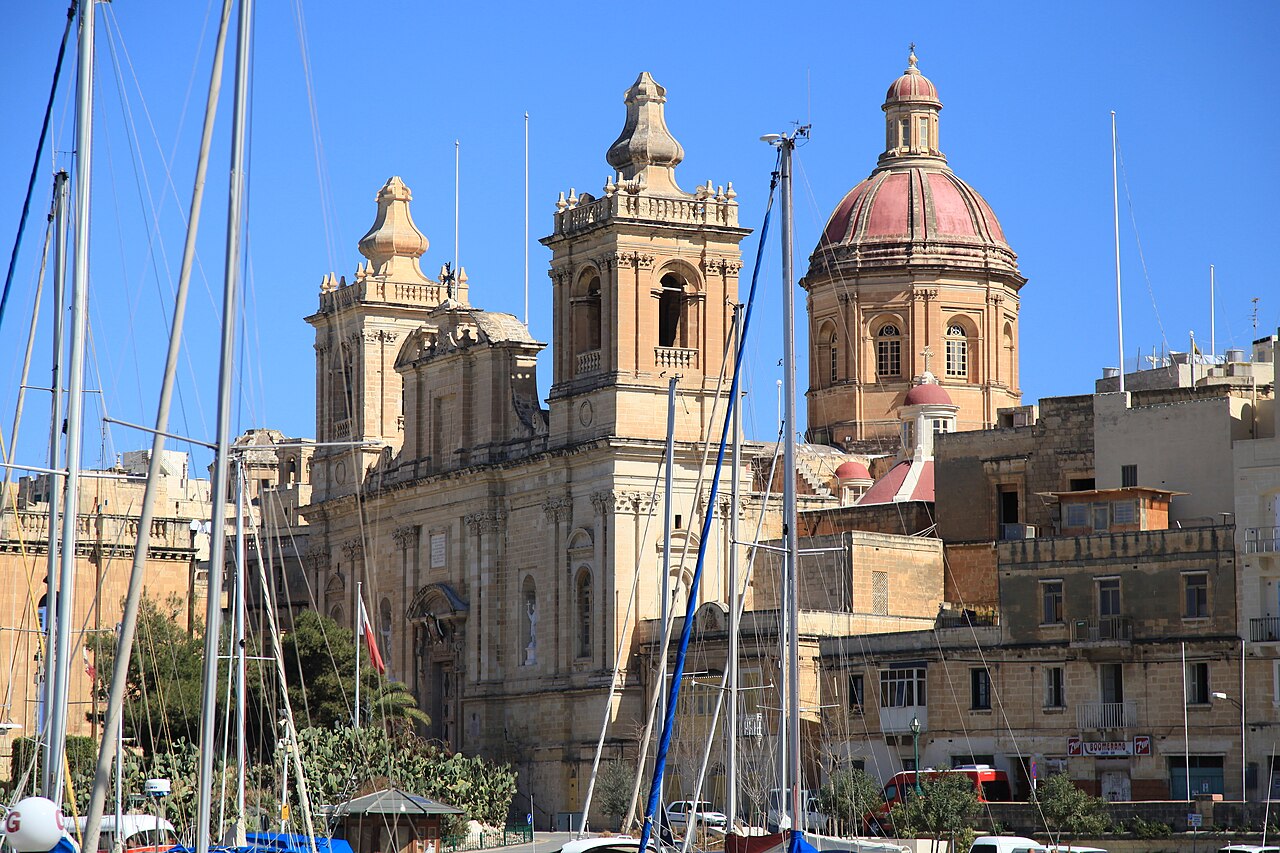 St Lawrence’s Church above the Birgu waterfront and Cottonera Marina, Malta